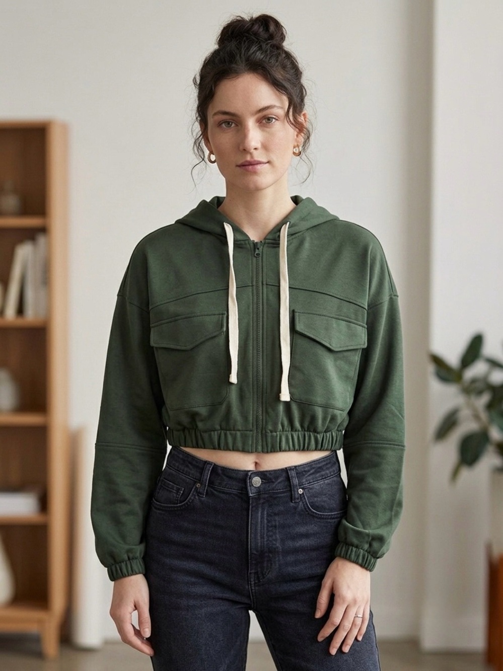 BDG Cropped Hooded Bomber Jacket in Forest Green
